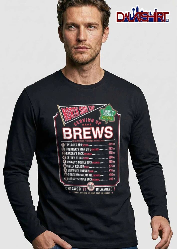 Chicago Cubs MLB North Side Tap Serving Up Brews Taylor Nico Hoerner Roster 2026 Scoreboard Chalkboard Pennant shirt