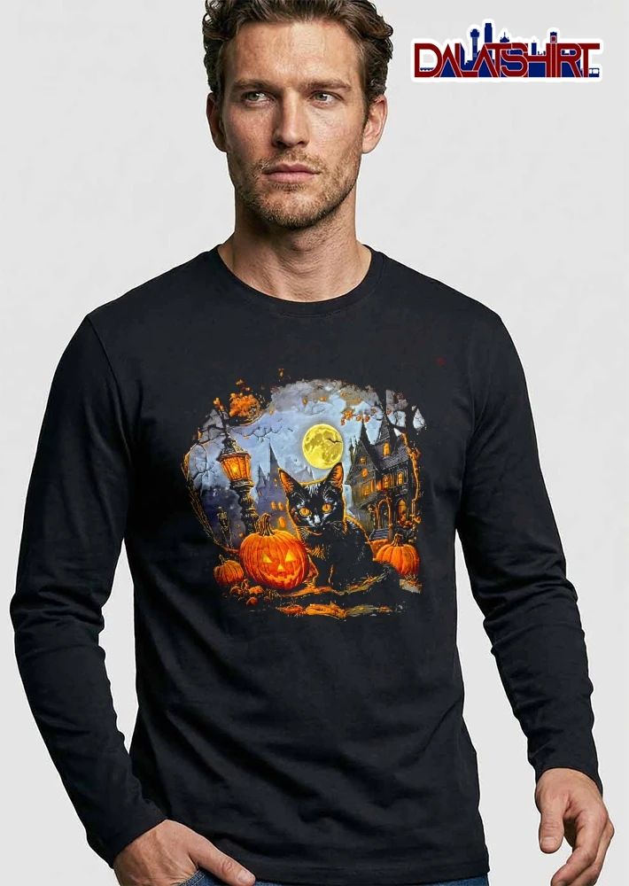 Vintage Black Cat Glowing Jackolantern Haunted Mansion Full Moon shirt