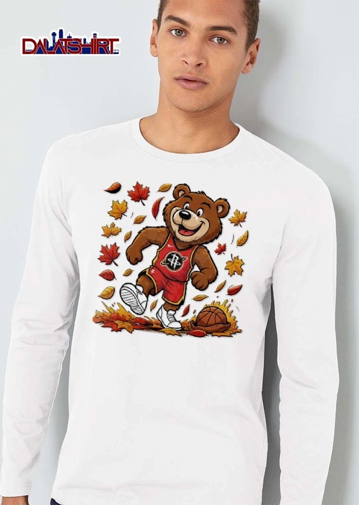 Houston Rockets NBA Clutch The Bear Mascot Running Falling Autumn Leaves Basketball Cartoon shirt
