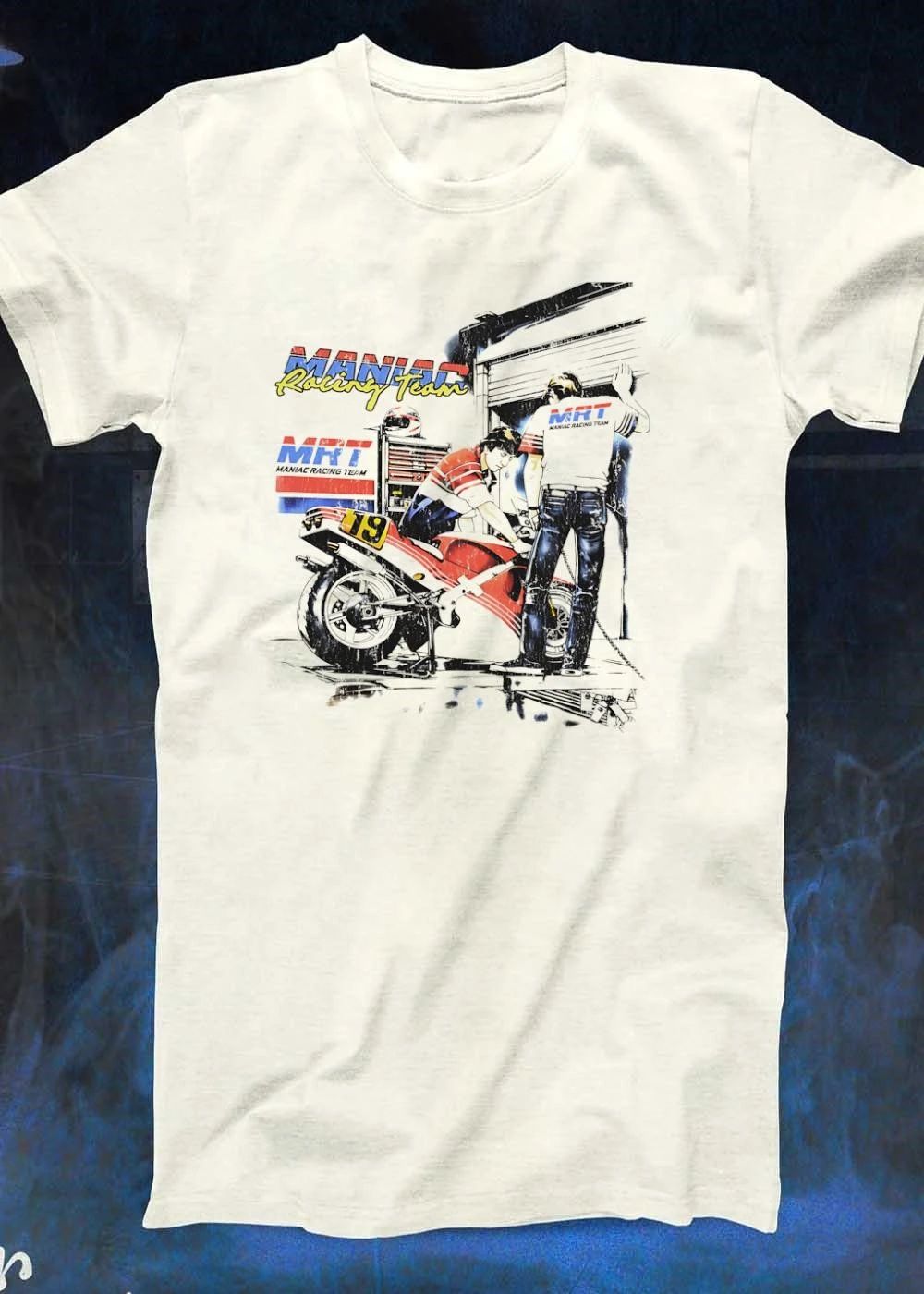 Maniac Racing Team Mechanic Working on Red Racing Motorcycle MRT shirt