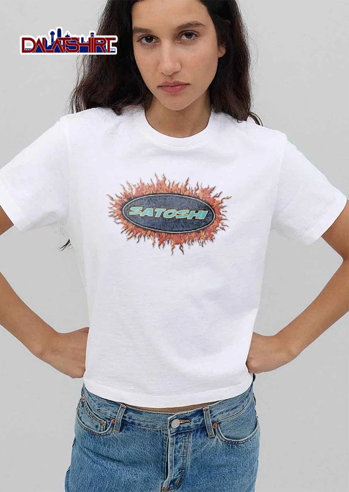 Satoshi Cyan Text Inside Dark Blue Crackled Oval Fiery Orange Flames shirt
