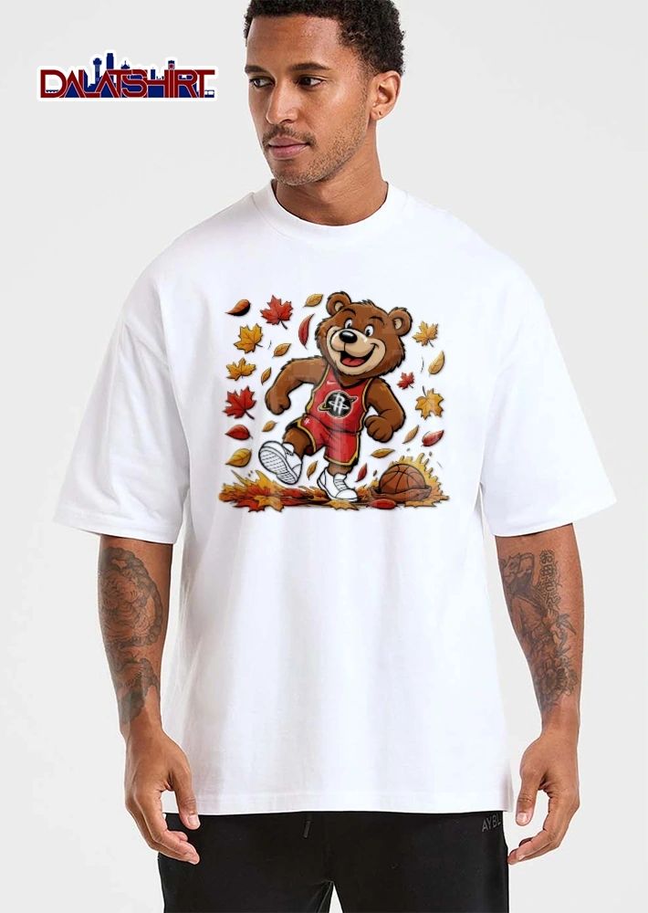 Houston Rockets NBA Clutch The Bear Mascot Running Falling Autumn Leaves Basketball Cartoon shirt
