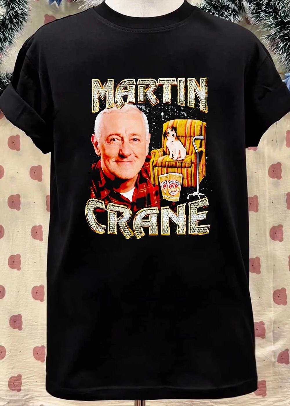 Martin Crane on Striped Chair with Dog and Beer Cans T-Shirt