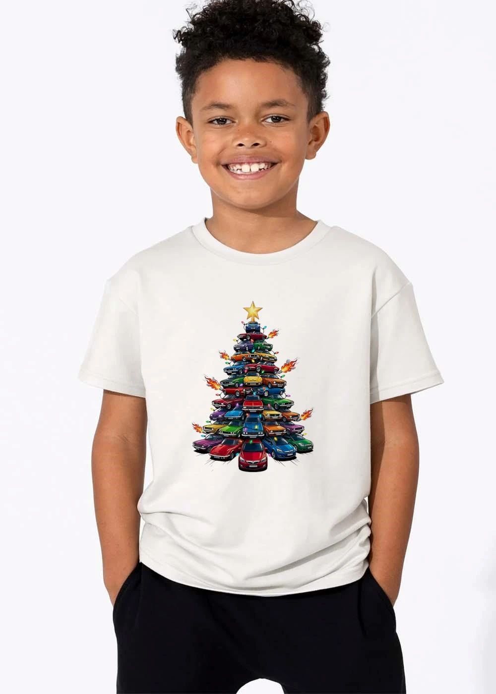 Opel Christmas Tree Stacked Colorful Cars Star Flames Exhaust Cartoon shirt