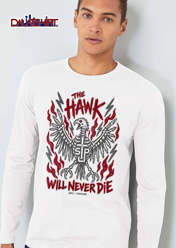 The Hawk Will Never Die 1851 Forever Skeletal Bird Wings Cross Flames Lightning Line Art shirt