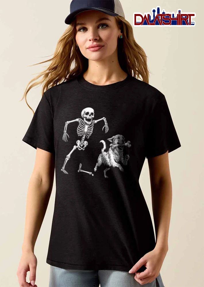 Skeleton Chasing Golden Retriever Dog Carrying Leg Bone Line Art shirt