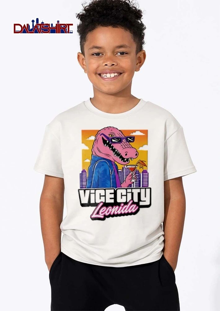 Vice City Leonida Pink Alligator Sunglasses Cocktail Cityscape Cartoon shirt