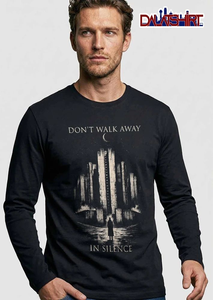 Dont Walk Away In Silence Silhouette Figure Brutalist Monument Crescent Moon shirt