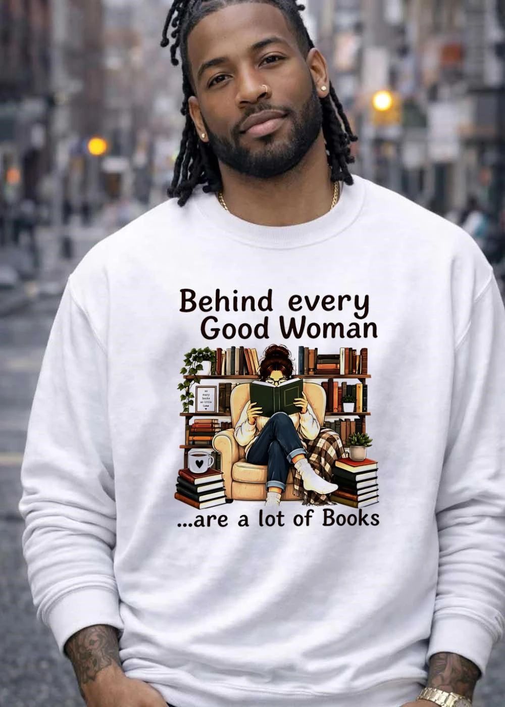 Behind Every Good Woman Are A Lot Of Books Girl Reading In Armchair Shelves Plants shirt