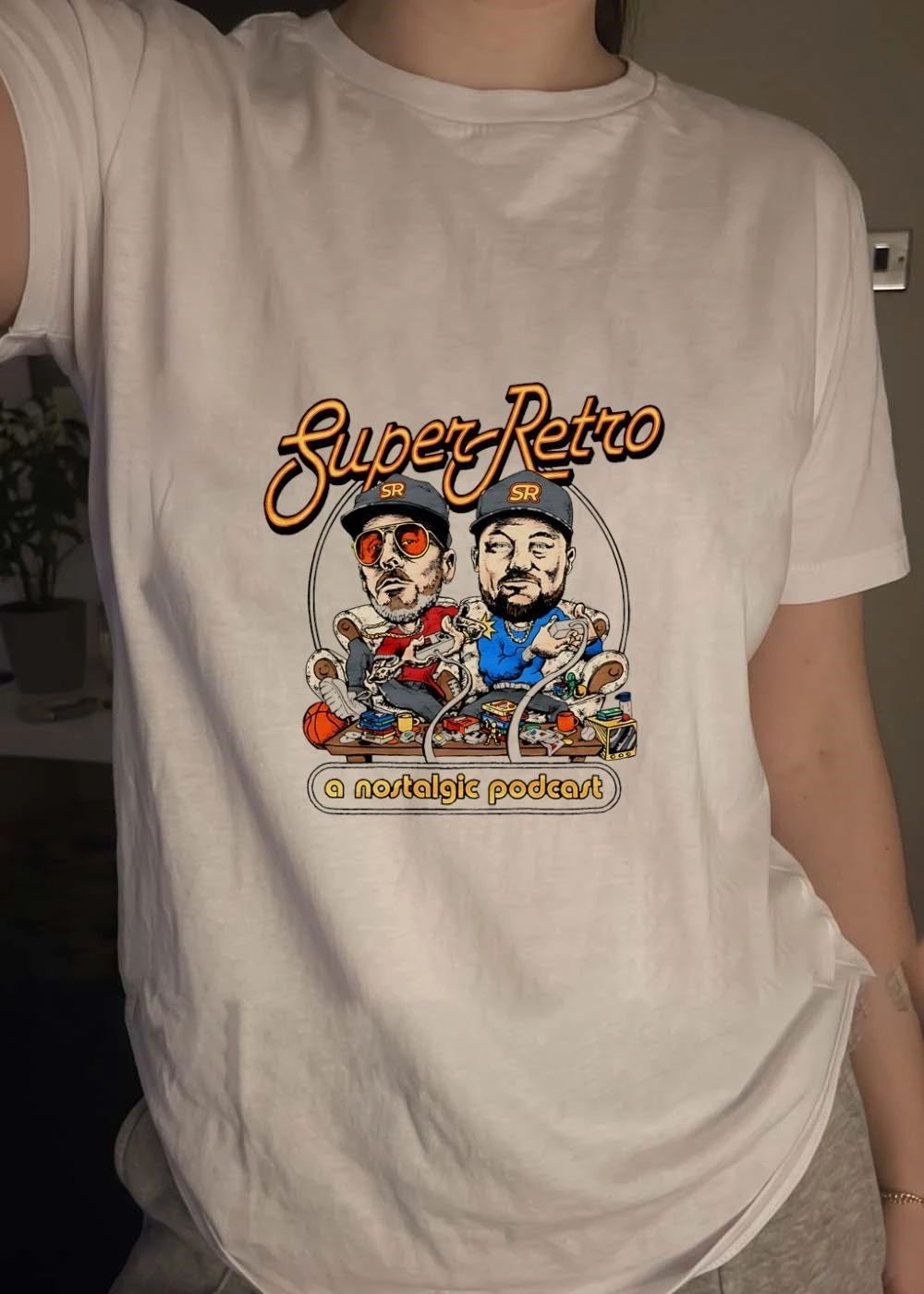 Super Retro a nostalgic podcast Two Men Playing Video Games on Couch shirt
