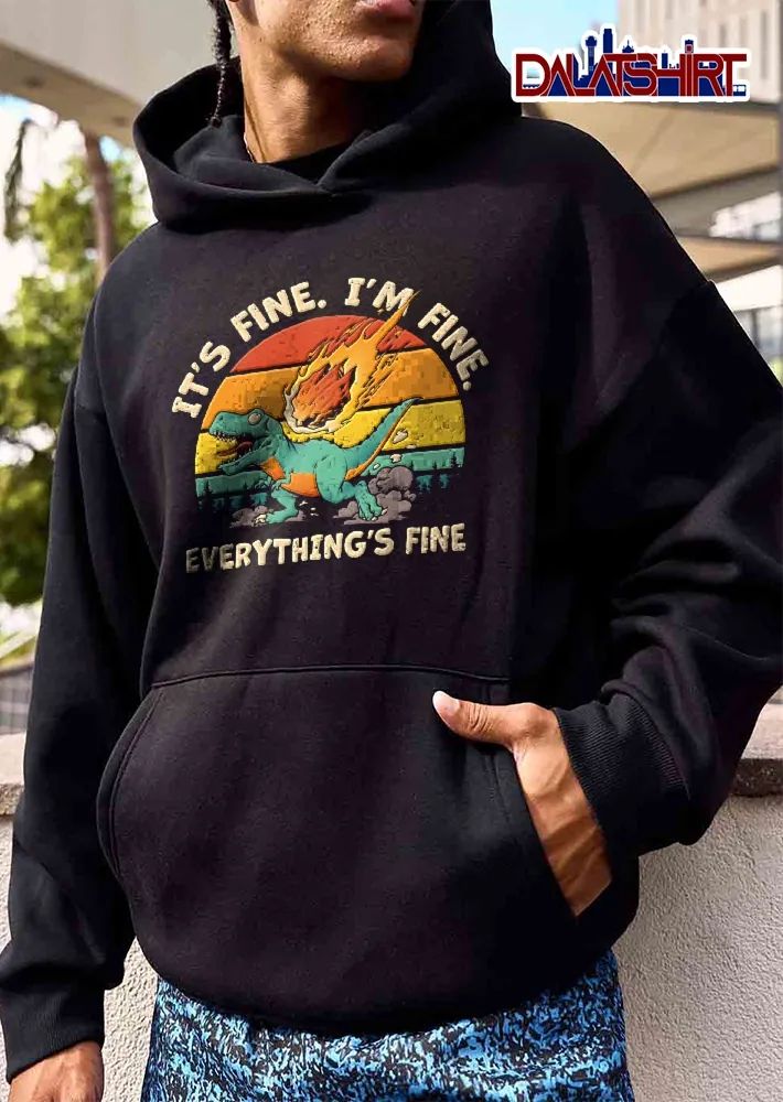 Its Fine Im Fine Everythings Fine Retro Sunset Green Dinosaur Falling Meteor Cartoon shirt