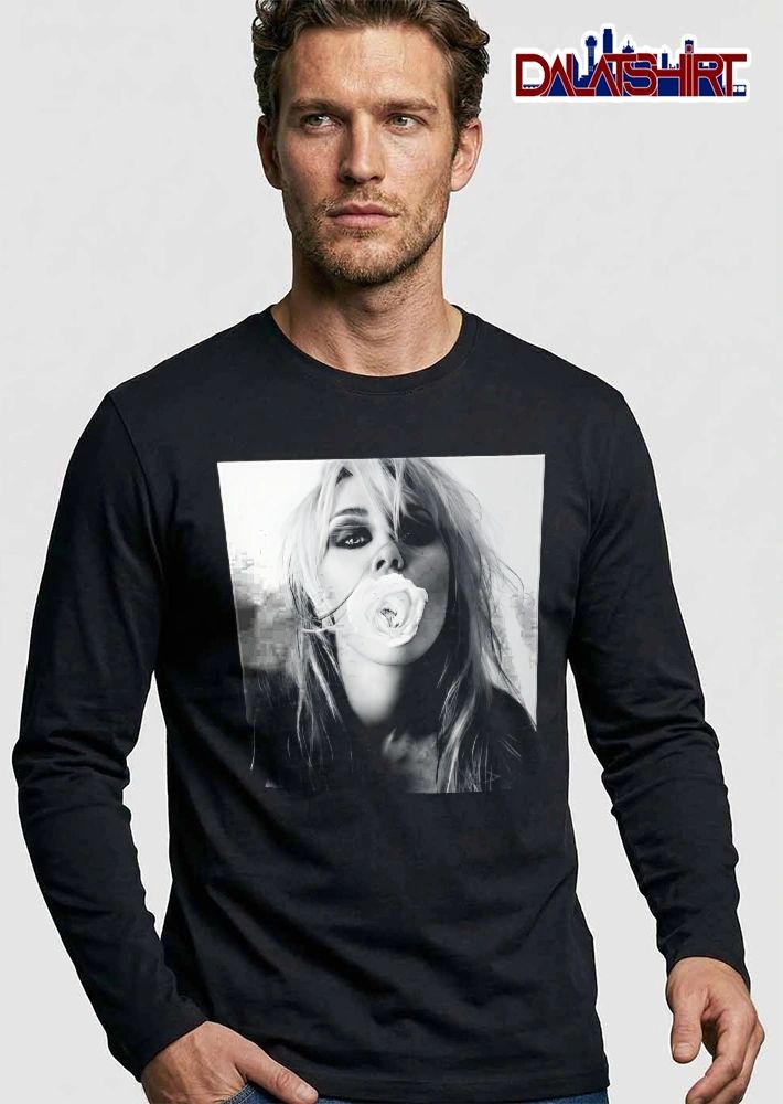 Black And White Blonde Hair Holding White Rose In Mouth Close Up Photo shirt