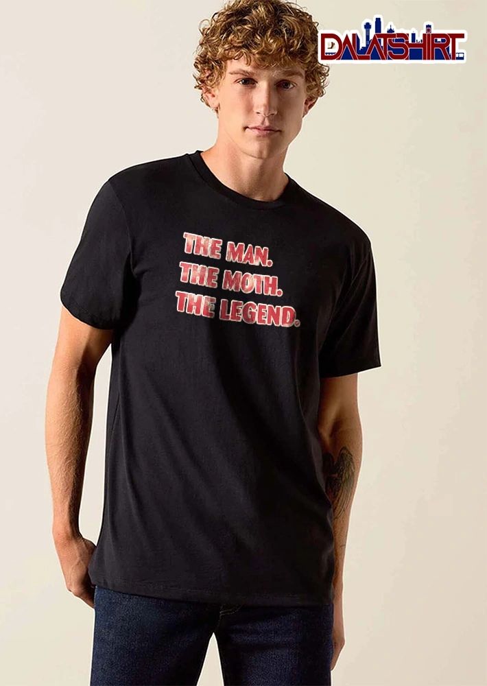 The Man Moth Legend Red Bold Typography White Outline shirt