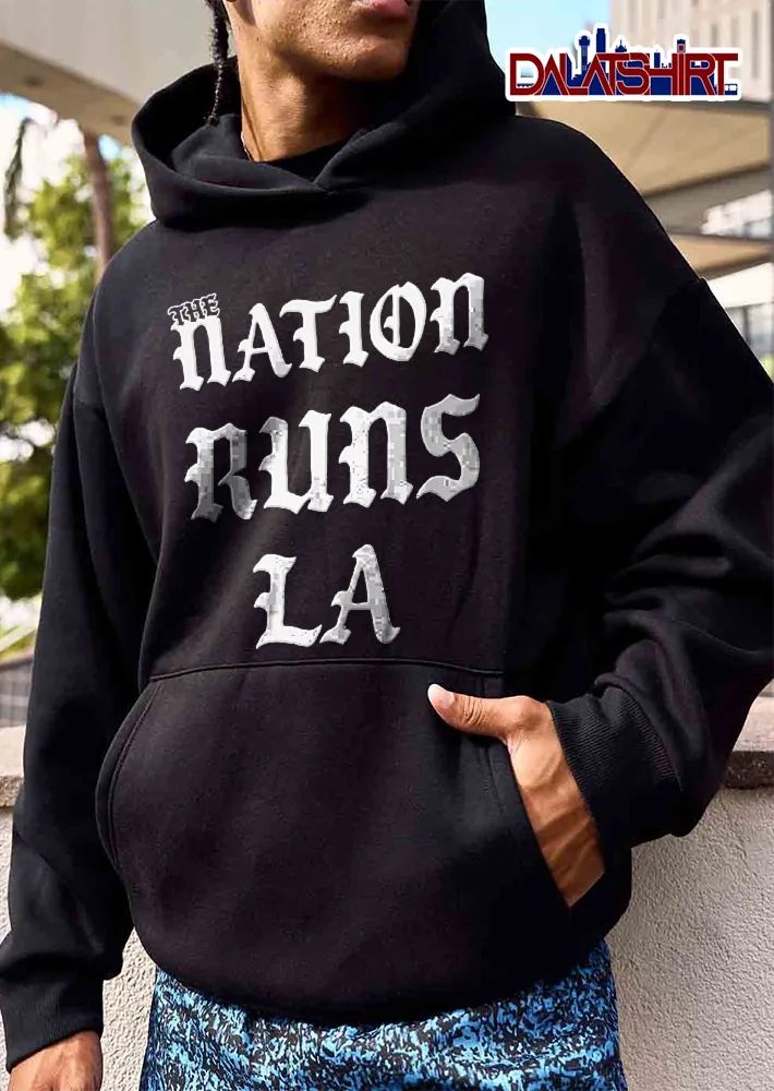 The Nation Runs LA White Old English Gothic Text Lettering shirt