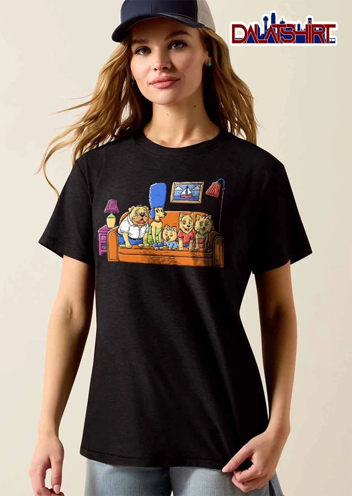Cartoon Simpsons Parody Dog Family Sitting On Orange Couch Living Room shirt