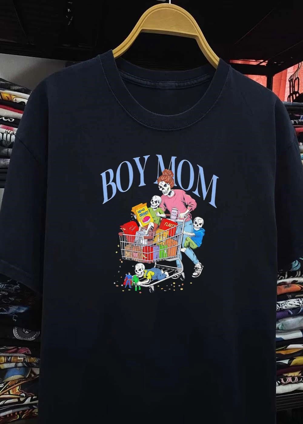 Skeleton Mom Pushing Shopping Cart with Kids Eating Cereal and Playing Boy Mom shirt