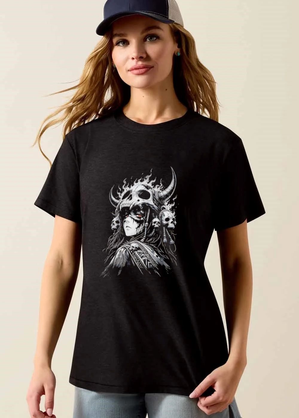 Dark Fantasy Shaman Horned Skull Helmet Glowing Red Eyes shirt