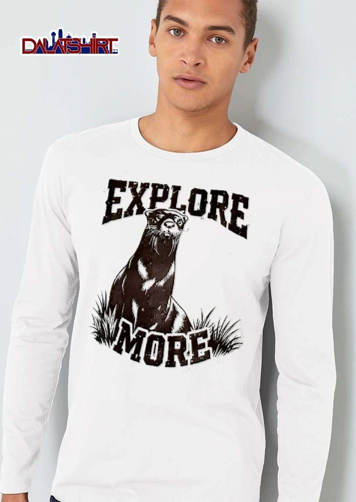 Explore More River Otter Sitting In Tall Grass Distressed Woodcut Black And White shirt
