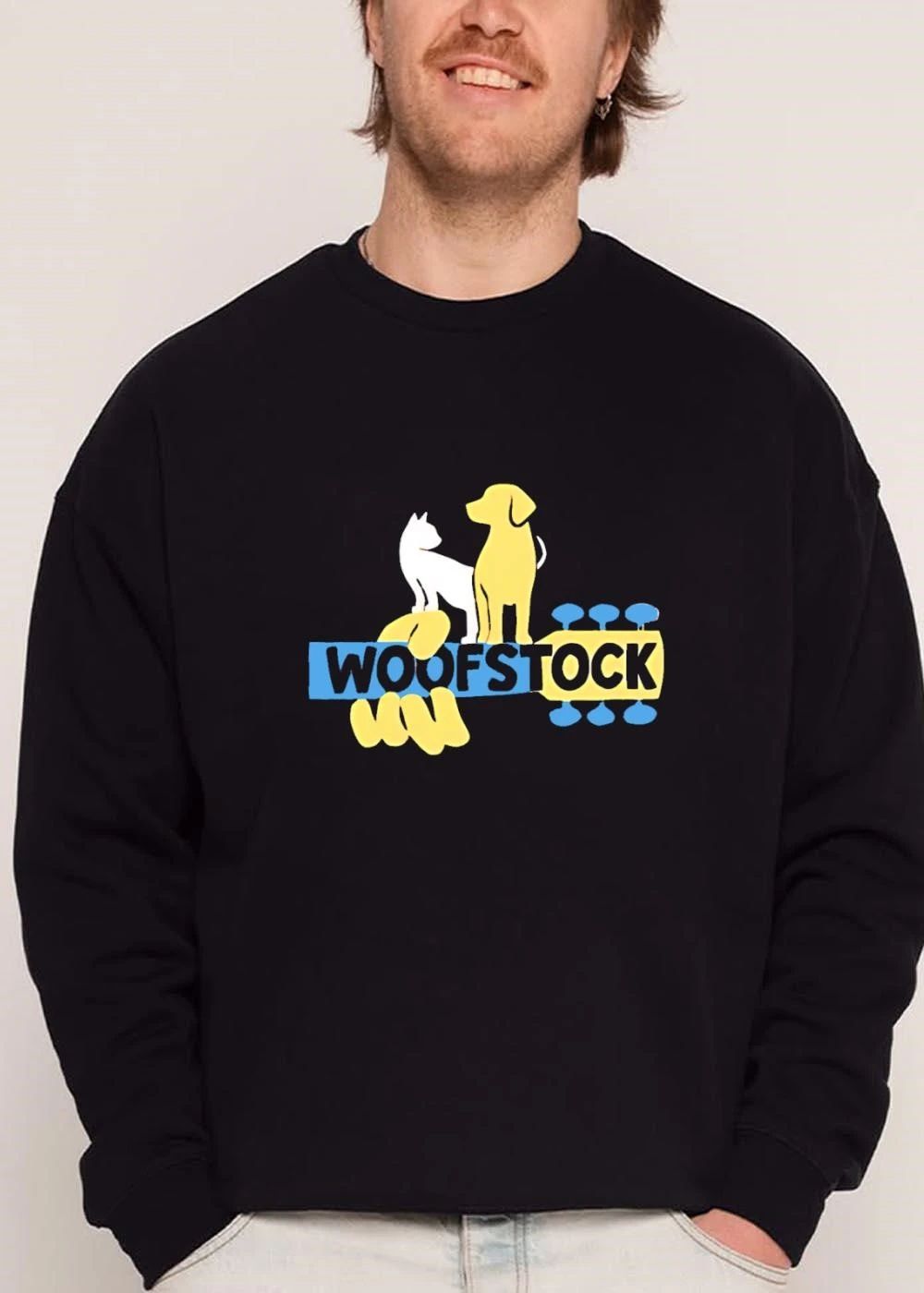 Woofstock White Cat Yellow Dog Standing On Guitar Neck Cartoon shirt