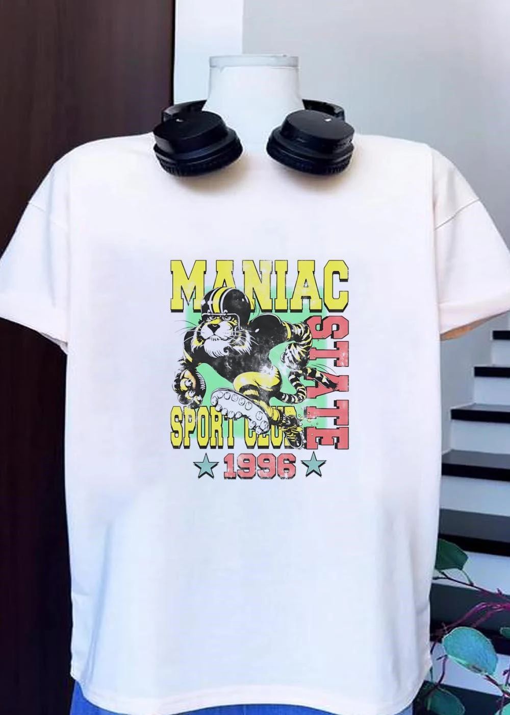 Athletic Tiger Mascot Running With Football Maniac State Sport Club 1996 shirt