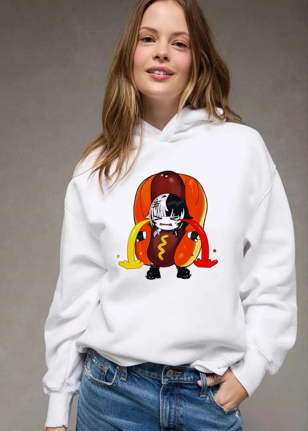 Chibi Anime Girl Hotdog Costume Crying Ketchup Mustard Cartoon shirt