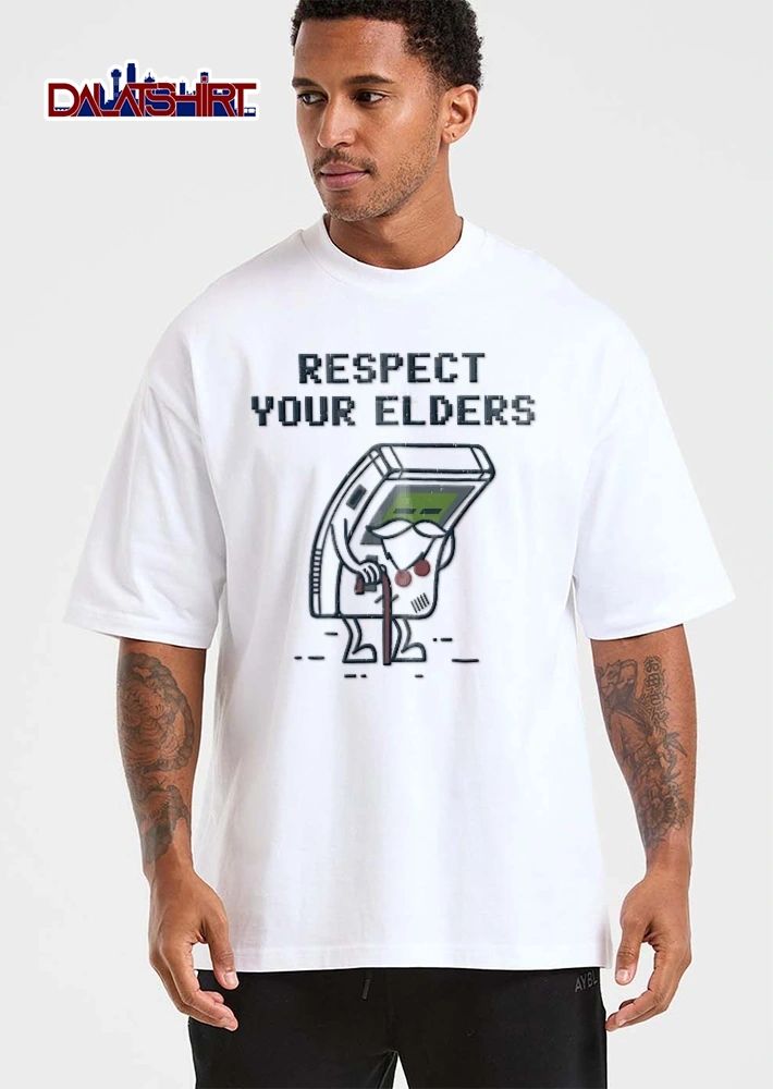 Respect Your Elders Distressed Cartoon Elderly Game Boy Walking Cane shirt