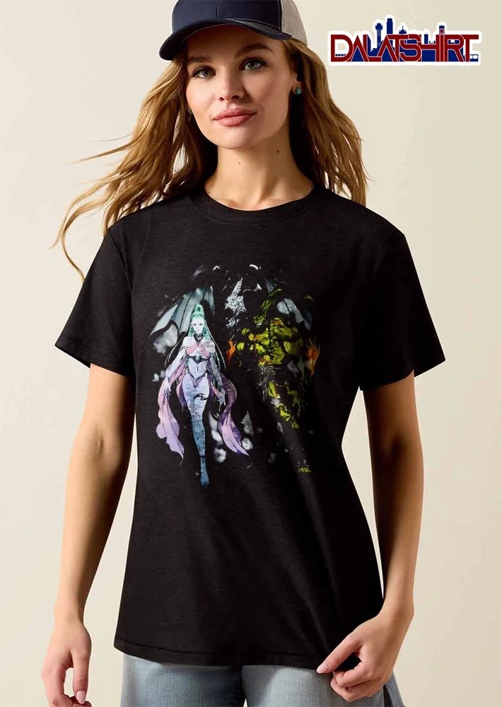 Pale Fantasy Ice Goddess Green Fiery Demon Dark Wings Black Background shirt