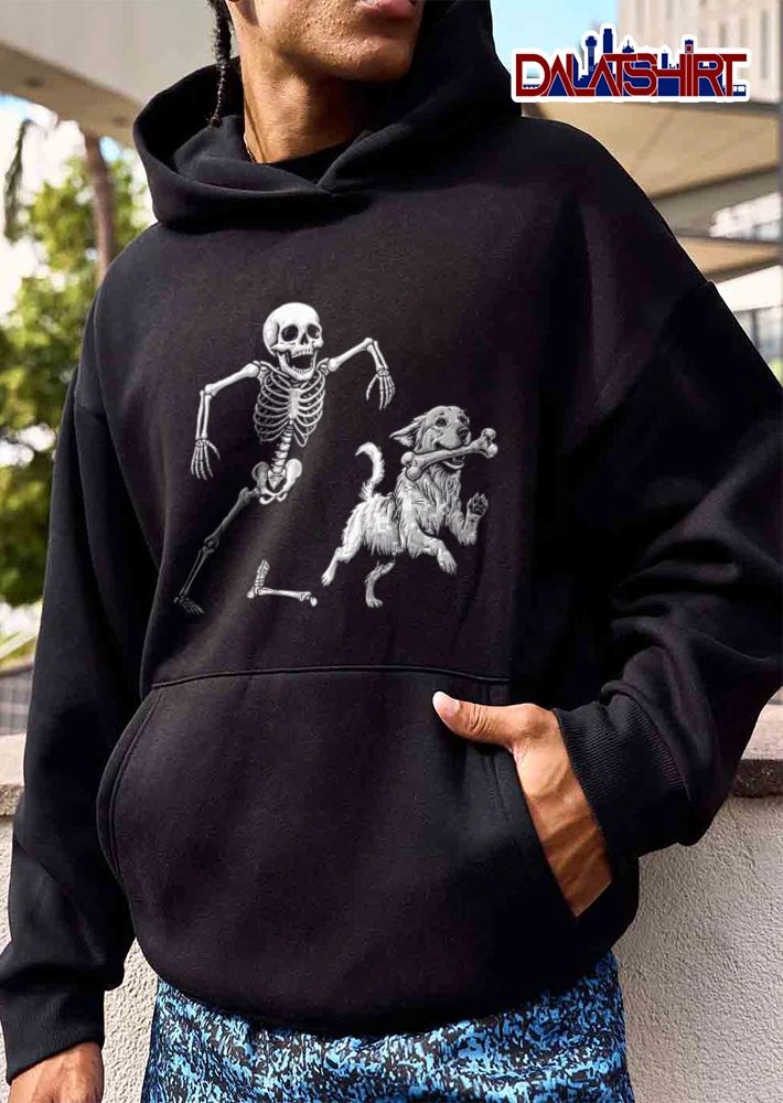 Skeleton Chasing Golden Retriever Dog Carrying Leg Bone Line Art shirt