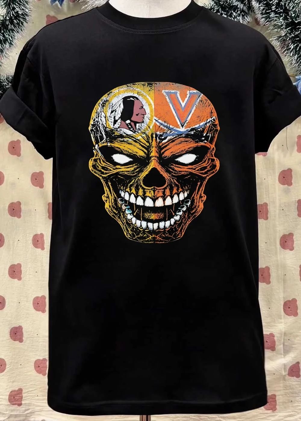 Washington Redskins and UVA Split Face Skull T-Shirt