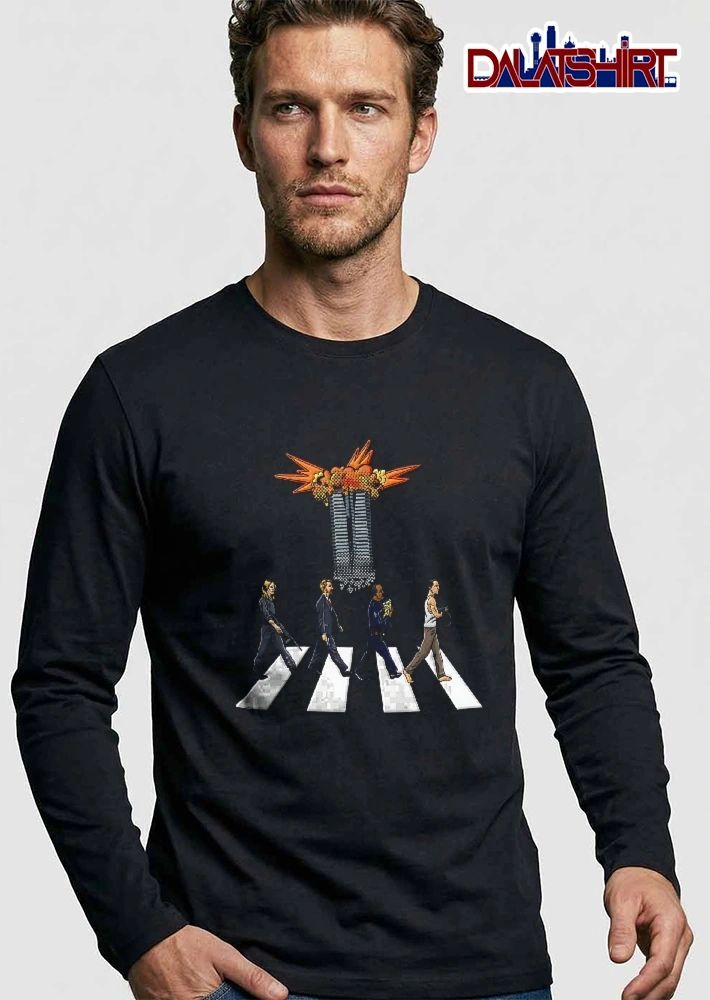 Die Hard Characters Abbey Road Crosswalk Nakatomi Plaza Explosion Cartoon Halftone shirt