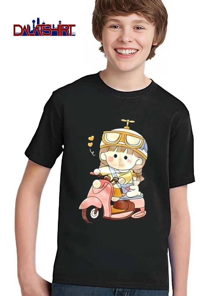 Cartoon Girl Propeller Helmet Goggles Riding Pink Moped Scooter Hearts Watercolor shirt