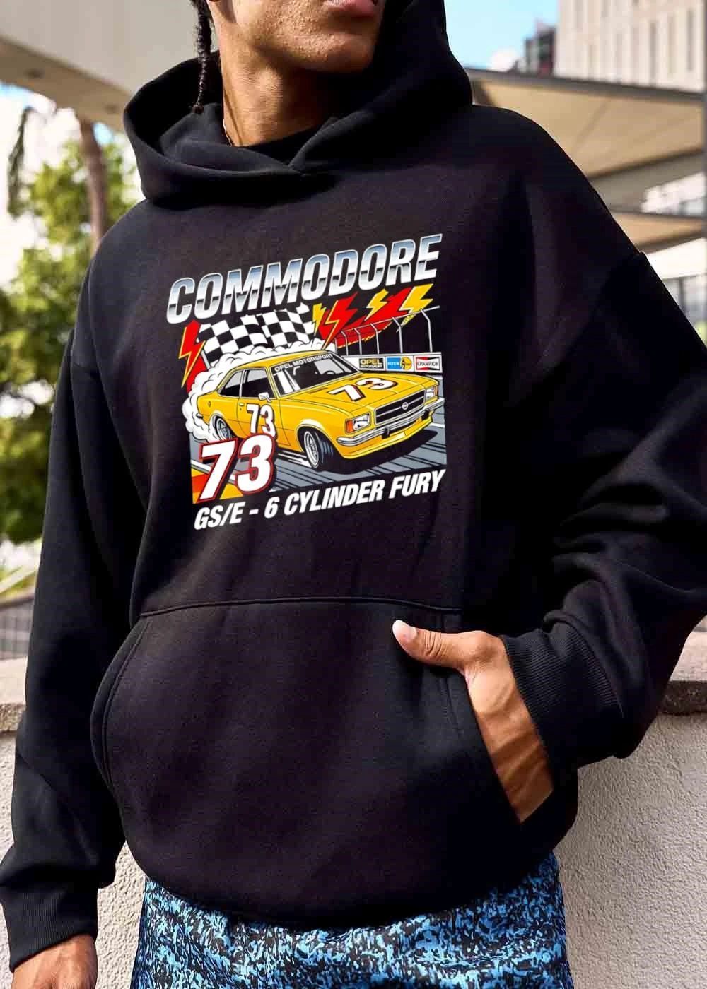 Opel Commodore Gs E 6 Cylinder Fury 73 Yellow Race Car Drifting Checkered Flag Retro Illustration shirt
