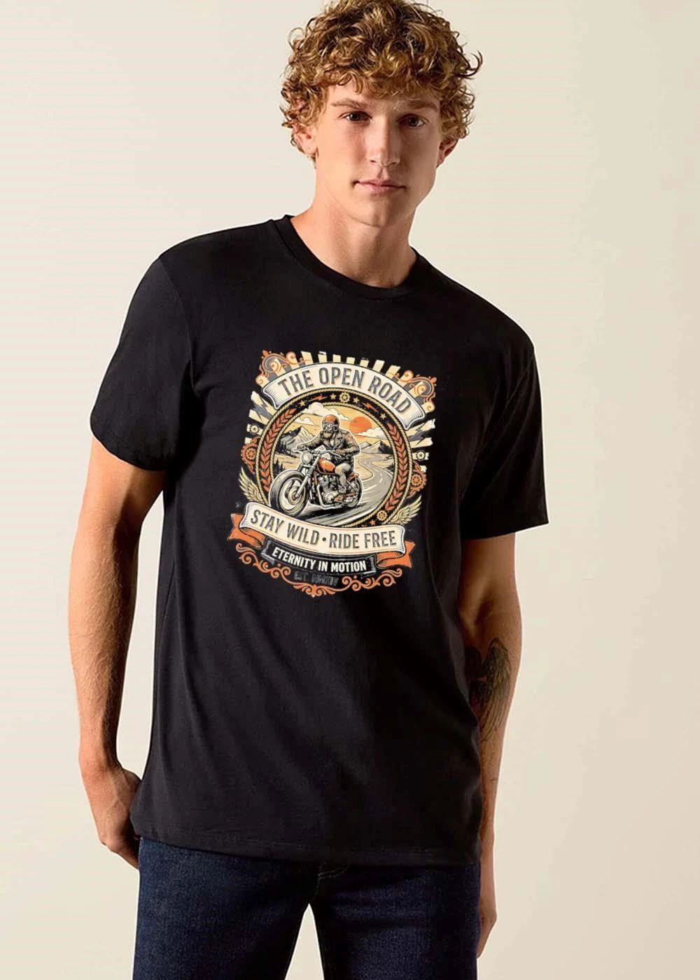 The Open Road Stay Wild Ride Free Eternity In Motion Est Mmxiv Bearded Biker Vintage Motorcycle Retro Emblem shirt