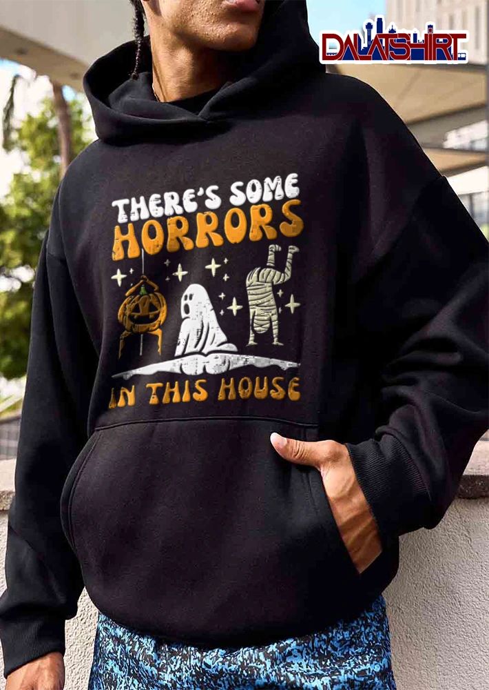 Theres Some Horrors In This House Cartoon Pumpkin Ghost Mummy Dancing Distressed shirt