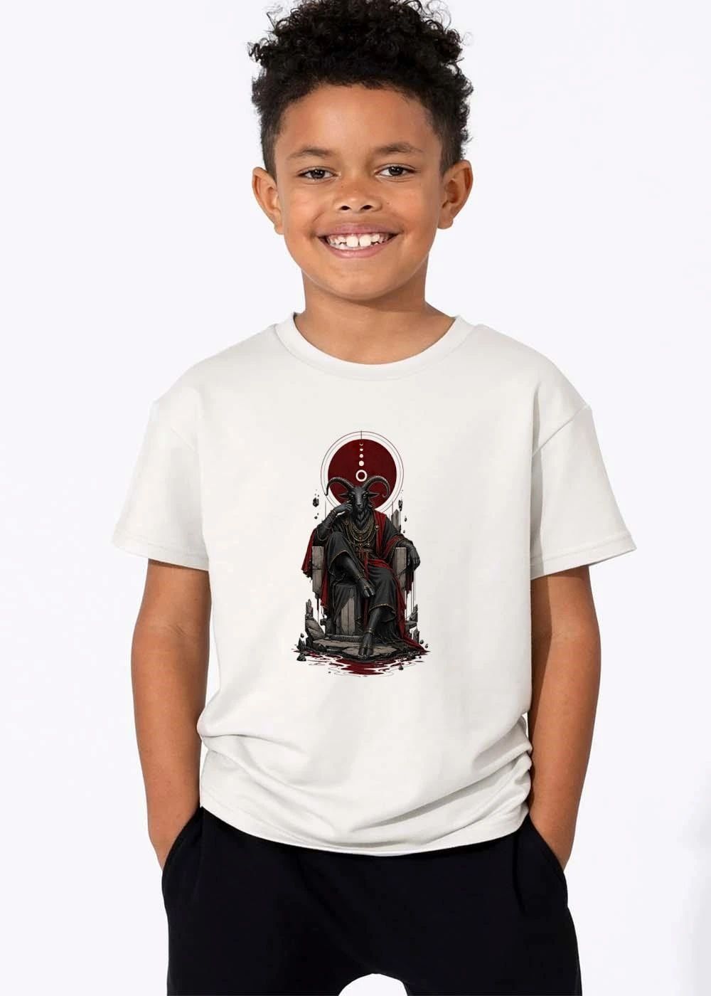 Anthropomorphic Black Horned Goat King Seated On Stone Throne Red Robe Halo shirt