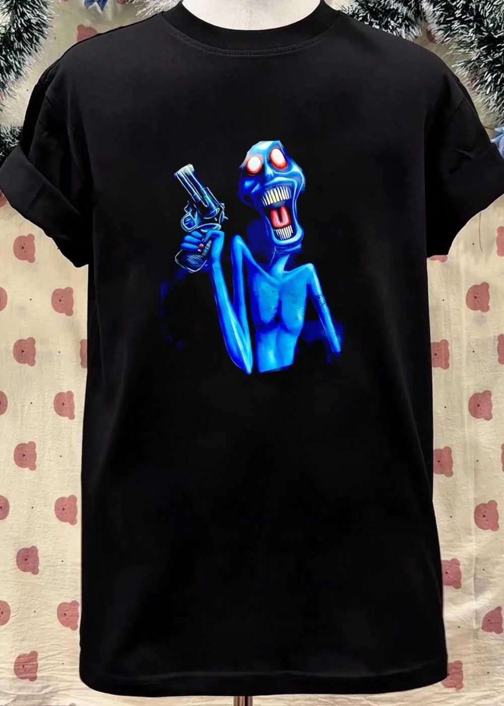 Blue Monster Holding Revolver Gun shirt