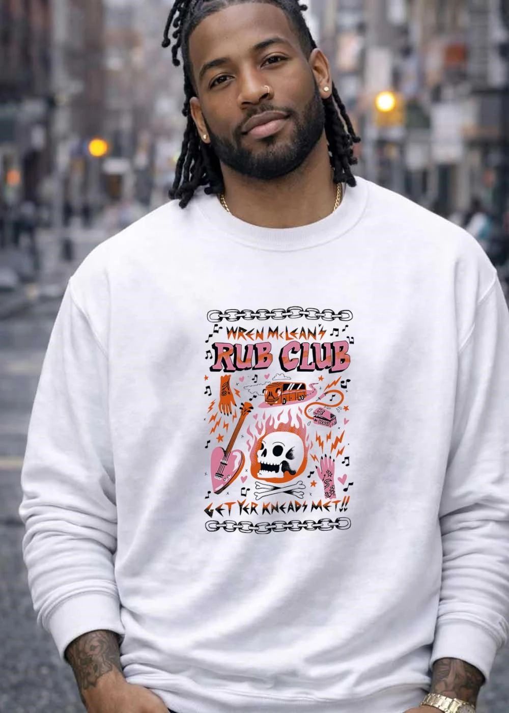 Rub Club Get Yr Kneads Met Wren Mcleans Flaming Skull Heart Guitar Tour Bus shirt