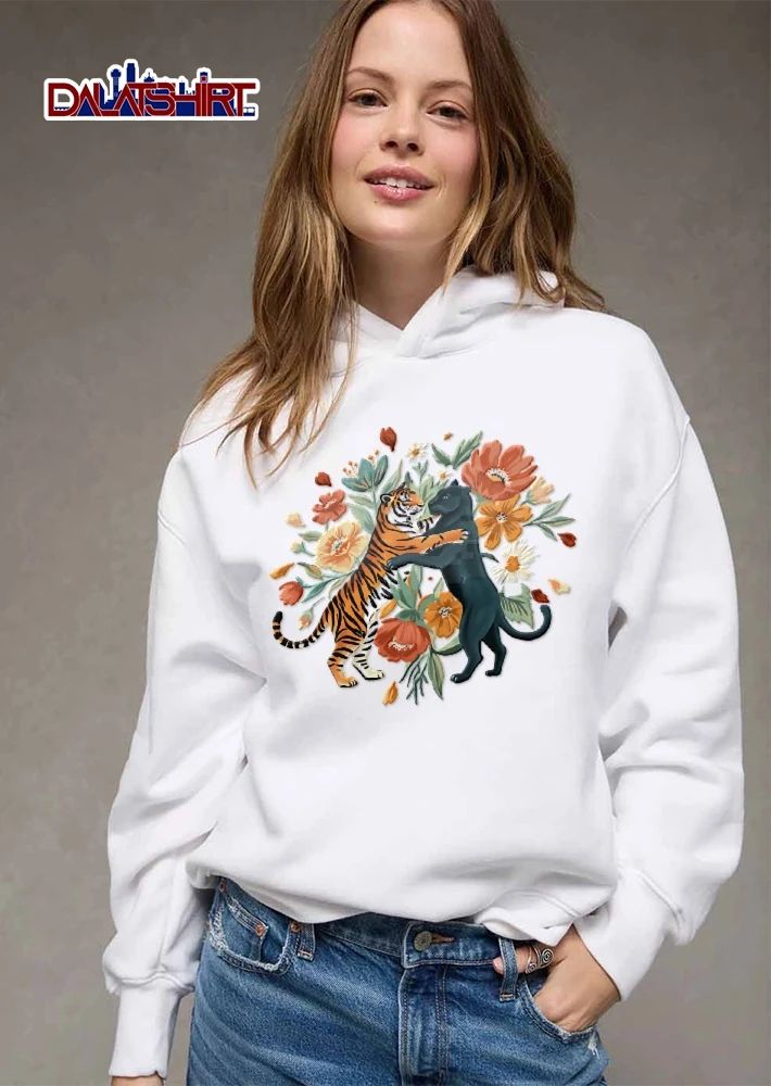 Tiger And Black Panther Hugging Floral Bouquet Watercolor shirt