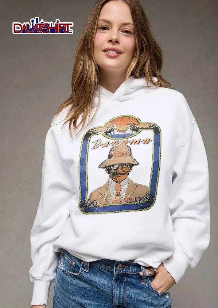 Panama Jack Mustache Man Monocle Safari Hat Tropical Sunset Palm Trees Frame Retro shirt
