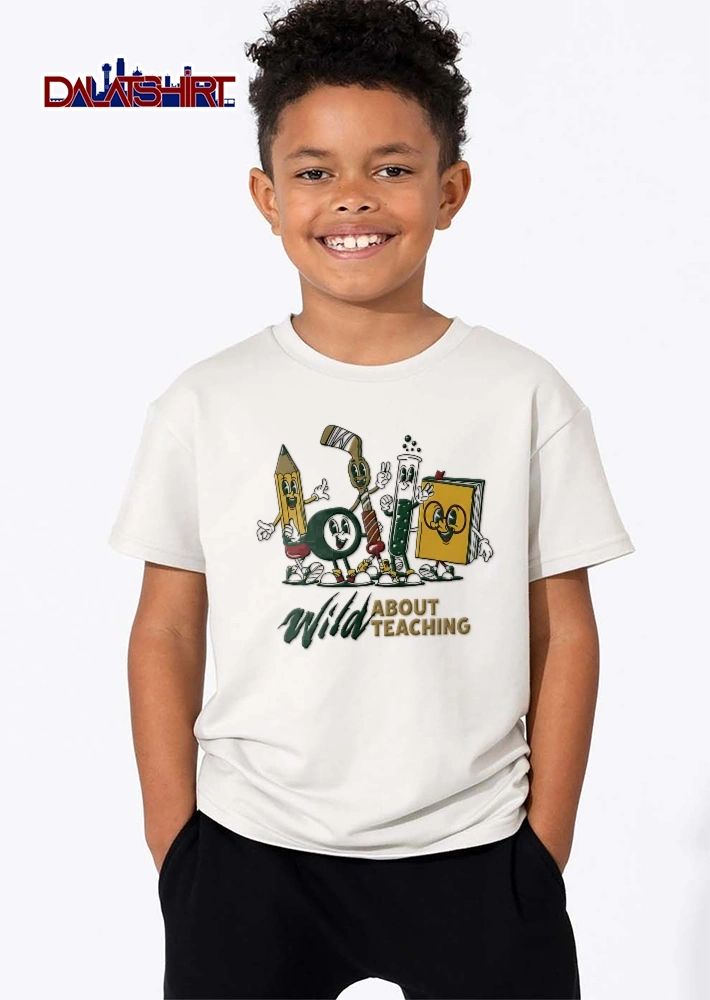 Wild About Teaching Retro Cartoon Pencil Puck Book Characters shirt