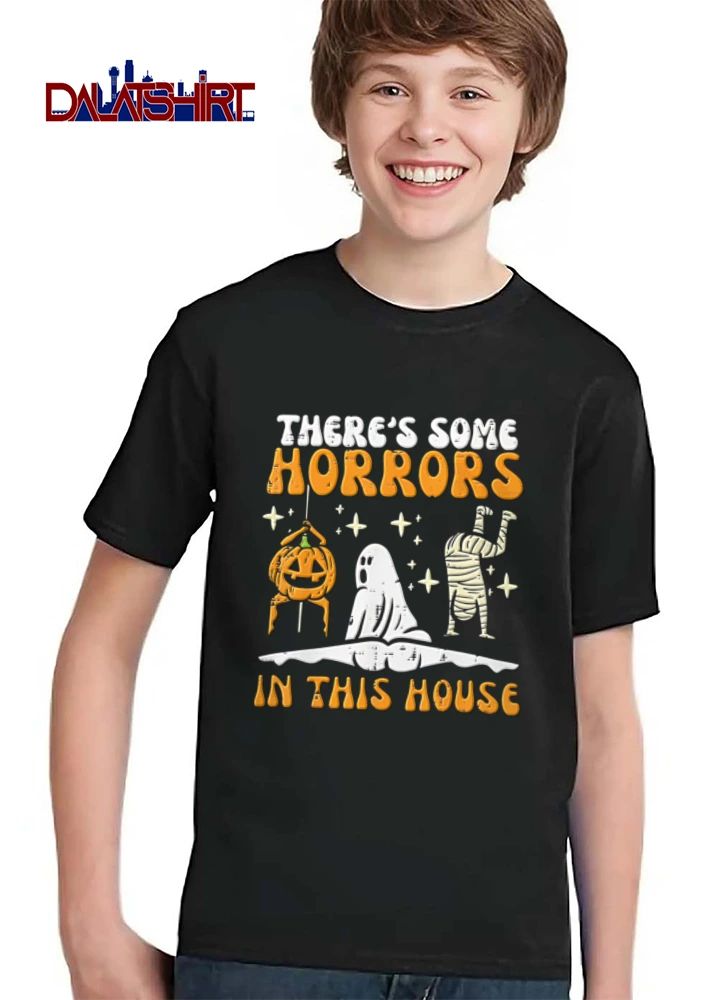 Theres Some Horrors In This House Cartoon Pumpkin Ghost Mummy Dancing Distressed shirt