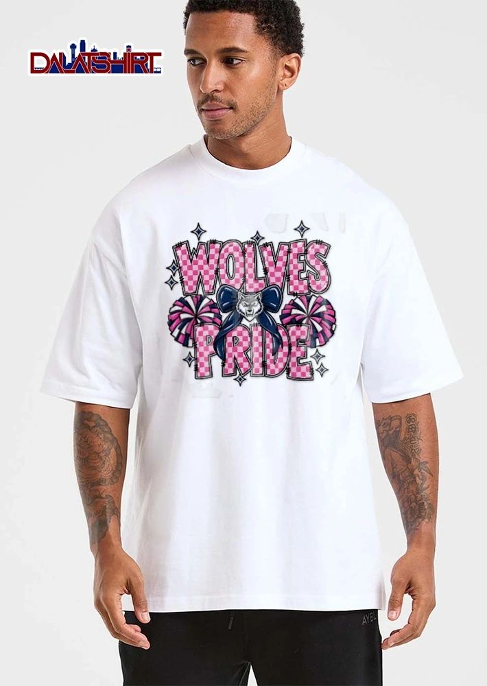 Wolves Pride Pink Checkered Cheerleading Pompoms Wolf Bow shirt