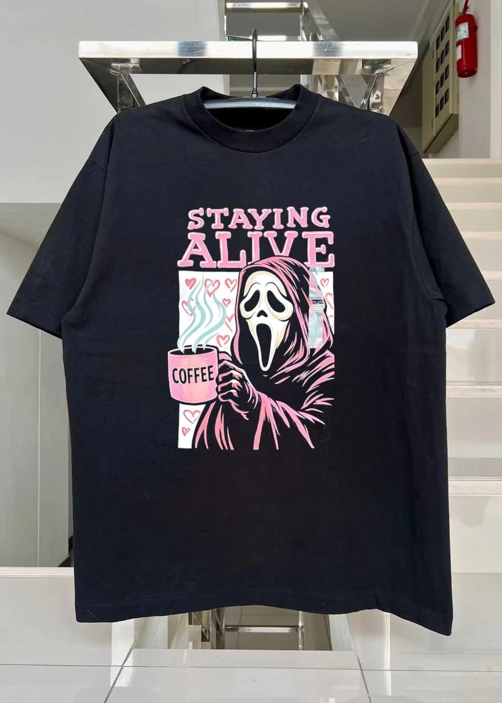 Ghostface Drinking Coffee Staying Alive T-Shirt