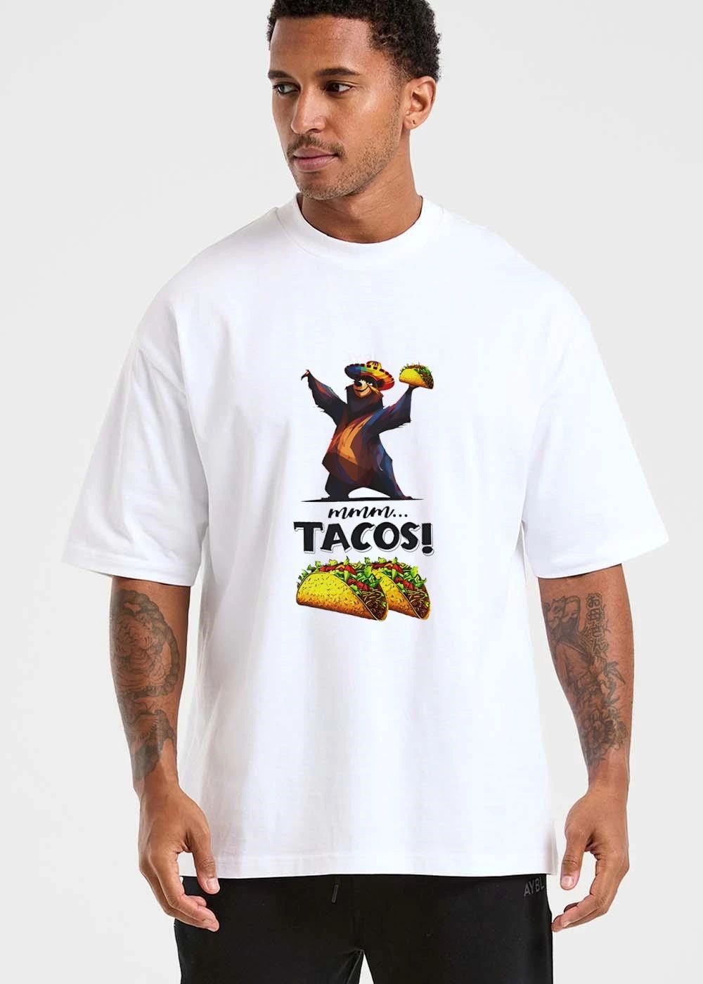Mmm Tacos Cartoon Bear Wearing Colorful Sombrero Holding Food shirt