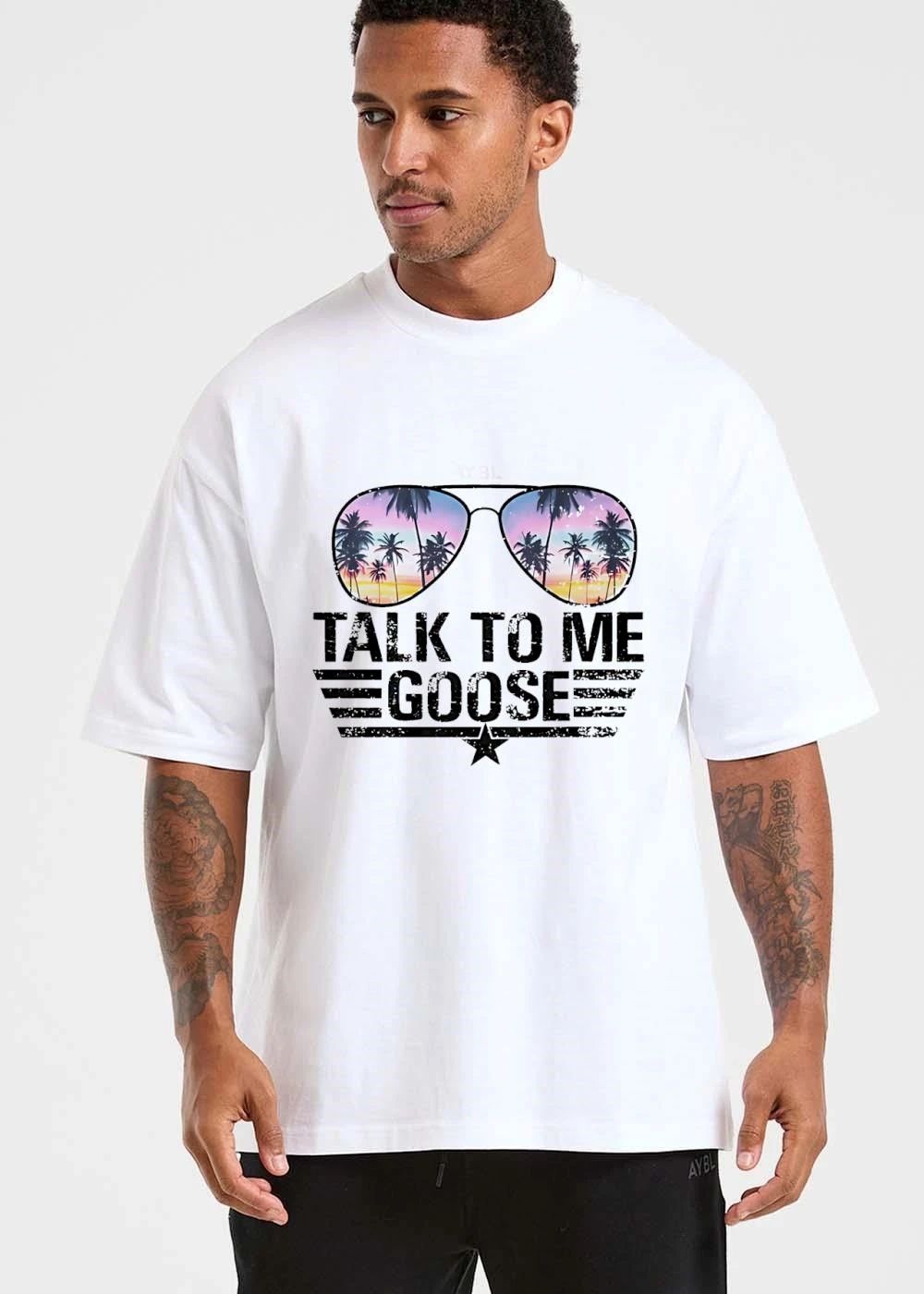 Talk To Me Goose Distressed Aviator Sunglasses Tropical Palm Trees Sunset Reflection Wings Star shirt