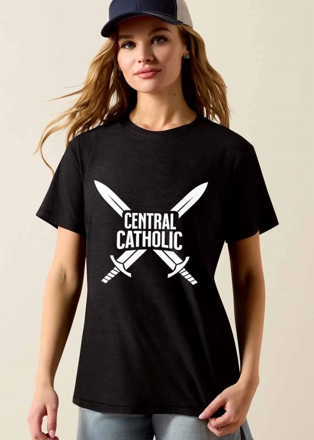 Central Catholic Bold Block Text Two Crossed Swords Silhouette shirt