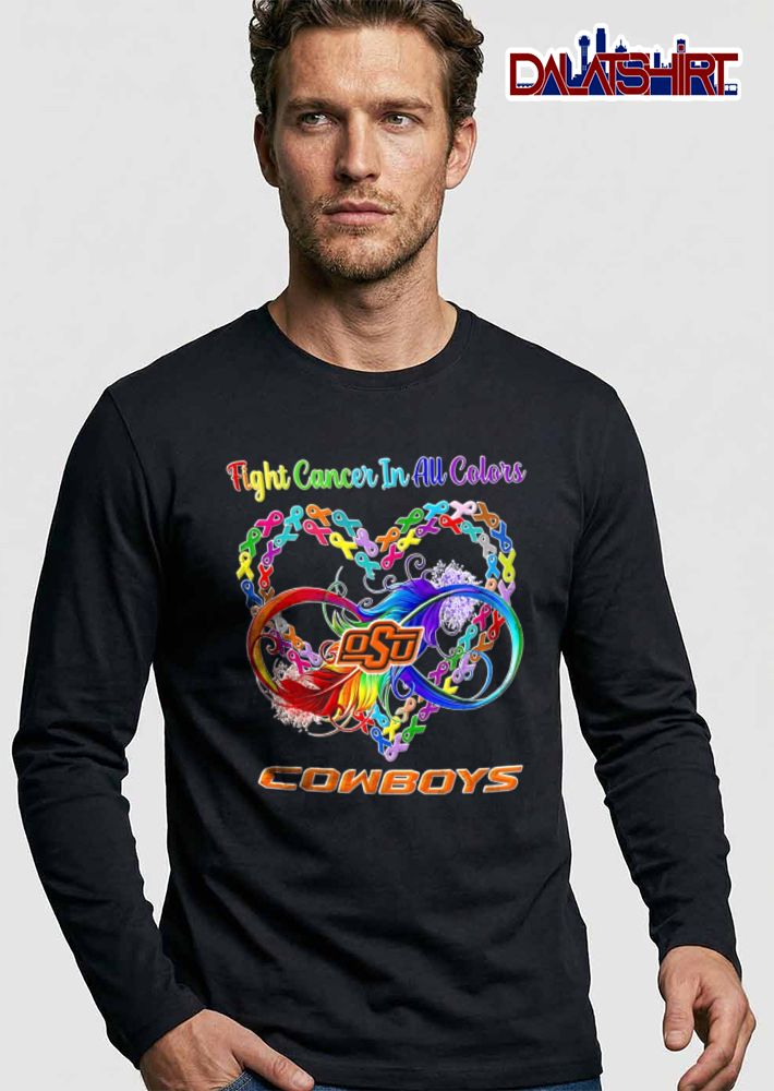 Oklahoma State Cowboys NCAA Fight Cancer In All Colors Ribbon Heart Infinity Symbol Rainbow Feather shirt