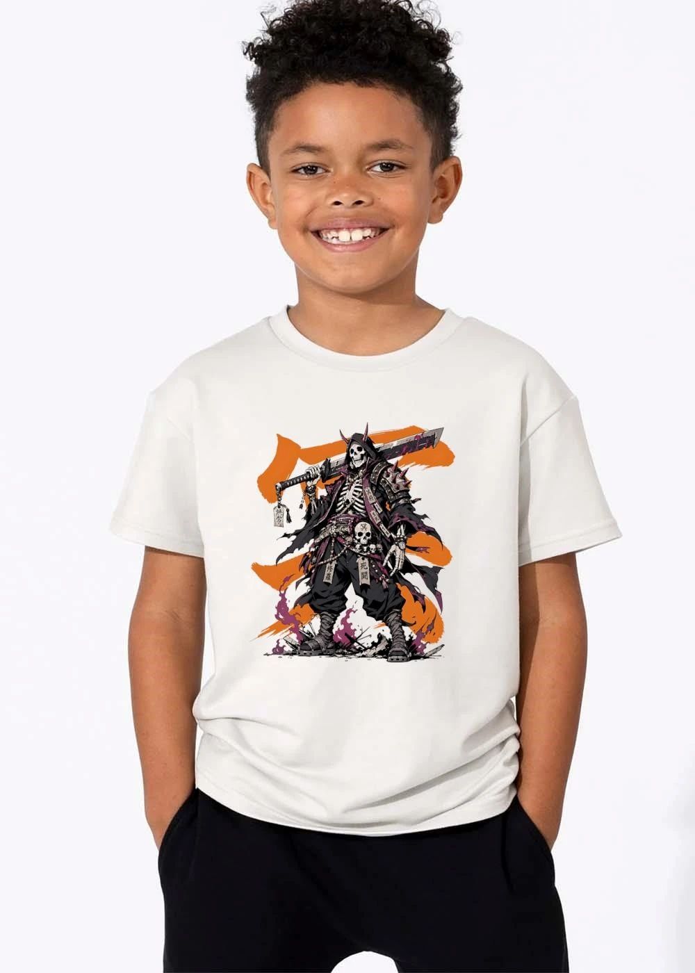 Horned Skeleton Samurai Warrior Holding Giant Katana Orange Brushstroke Background shirt