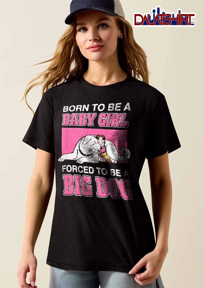 Born To Be A Baby Girl Forced Big Dog Anime Child Hugging Large White Canine Pink Frame Cartoon shirt