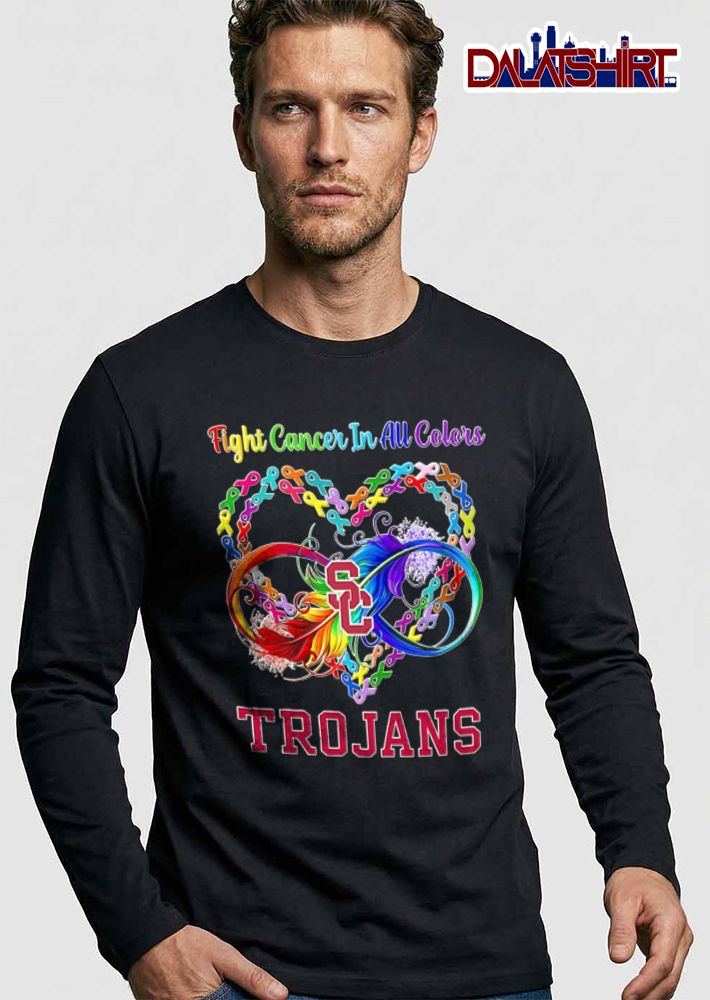 Usc Trojans NCAA Fight Cancer In All Colors Awareness Ribbons Rainbow Feather Heart shirt